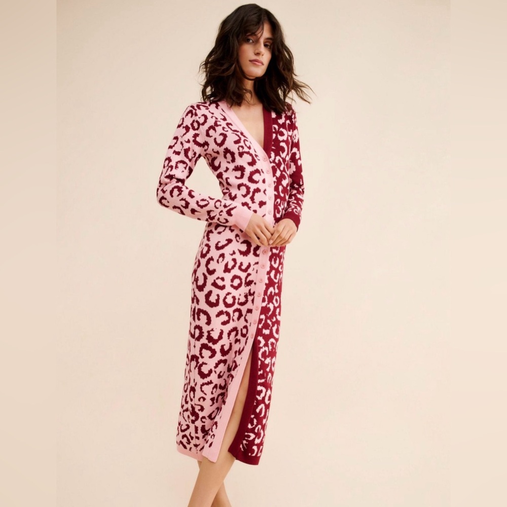 FARM Rio Pink and Burgundy Leopard Sweater Cardigan Dress